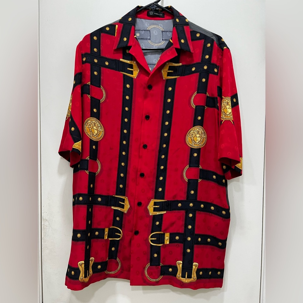 Versace Men’s Harness Graphic Silk Sport Shirt in Red